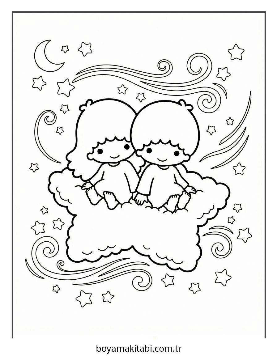 Little Twin Stars boyama sayfası – el becerilerini geliştirir, boyama çalışması