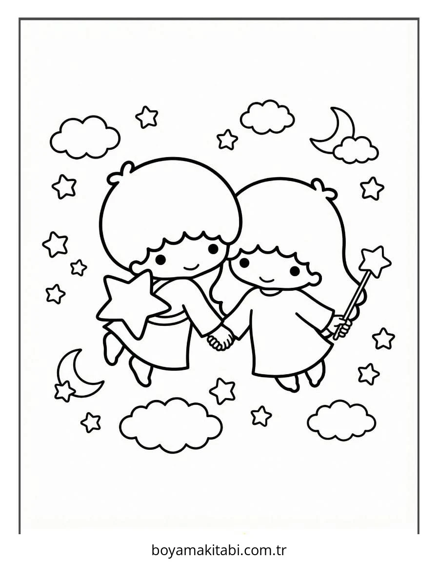 Little Twin Stars boyama sayfası – boyama çalışması, yaratıcılığı geliştirir