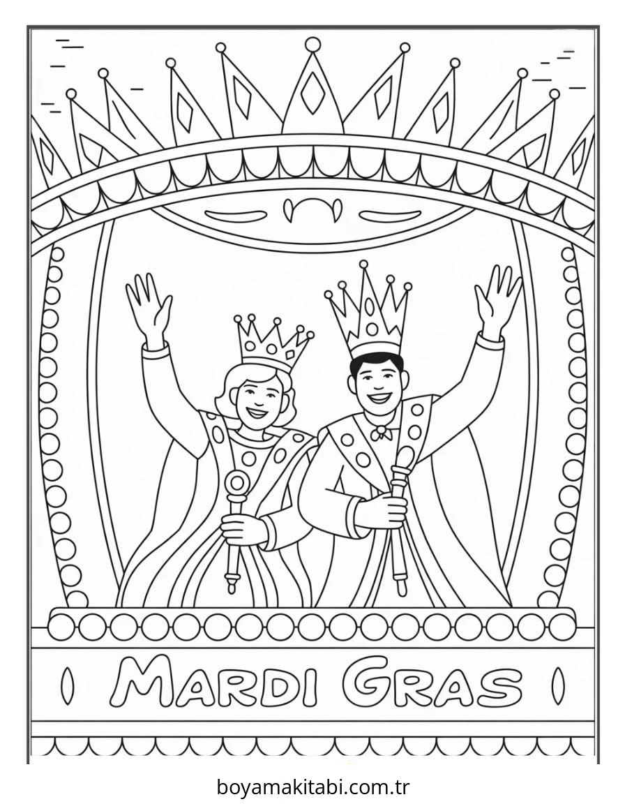 Mardi Gras boyama sayfası – çocuk aktivitesi, PDF indir