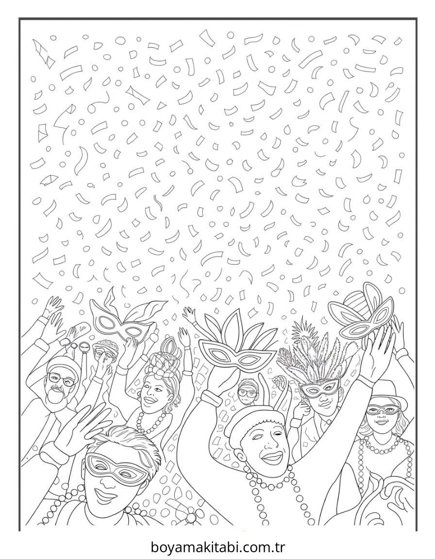 Mardi Gras boyama sayfası – PDF indir, sevimli karakter