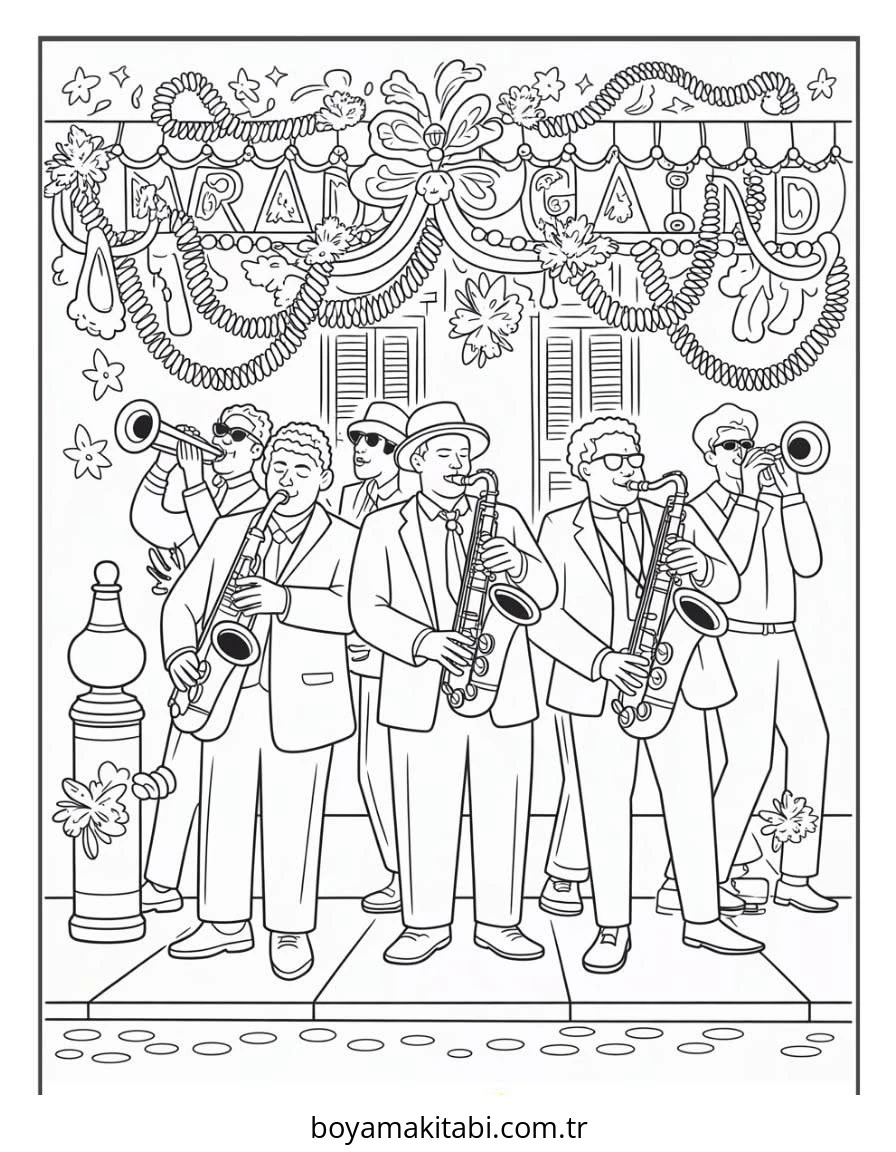 Mardi Gras boyama sayfası – yaratıcılığı geliştirir, keyifli zaman
