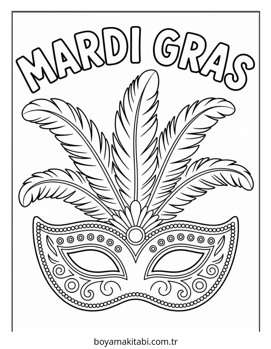 Mardi Gras boyama sayfası – PDF indir, sevimli karakter