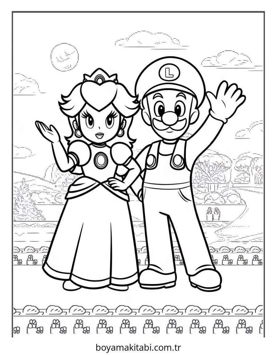 Mario boyama sayfası – sevimli karakter, sanatsal çalışma
