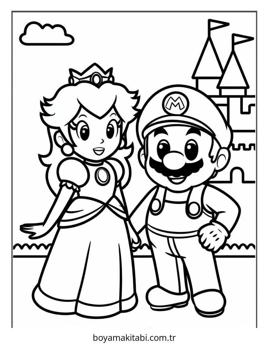 Mario boyama sayfası – çizgi film temalı, basit çizim