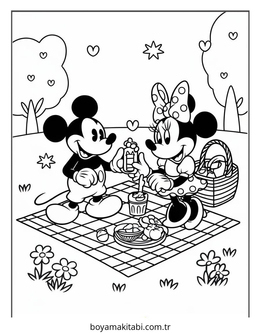 Mickey ve Minnie Mouse boyama sayfası – renkli çizimler, okul öncesi