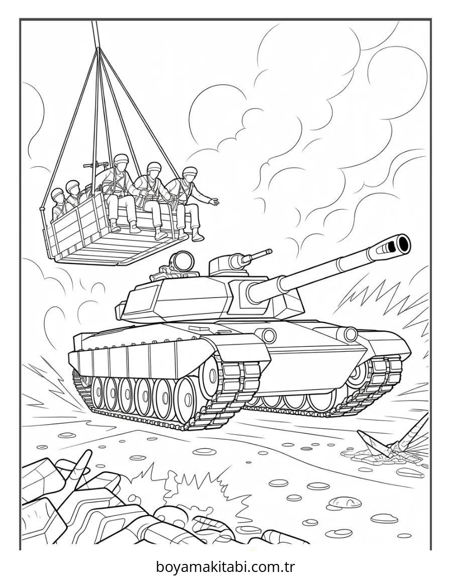 Tank boyama sayfası – renkli çizimler, okul öncesi