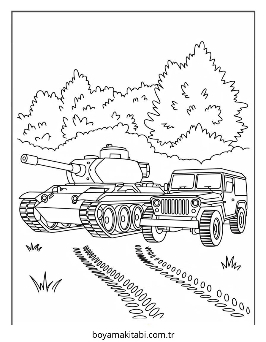 Tank boyama sayfası – çocuklar için, çizgi film temalı