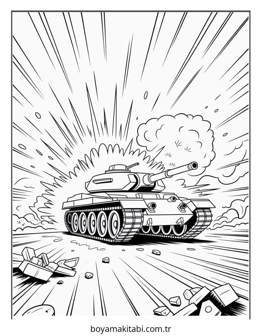 Tank boyama sayfası – renkli çizimler, okul öncesi