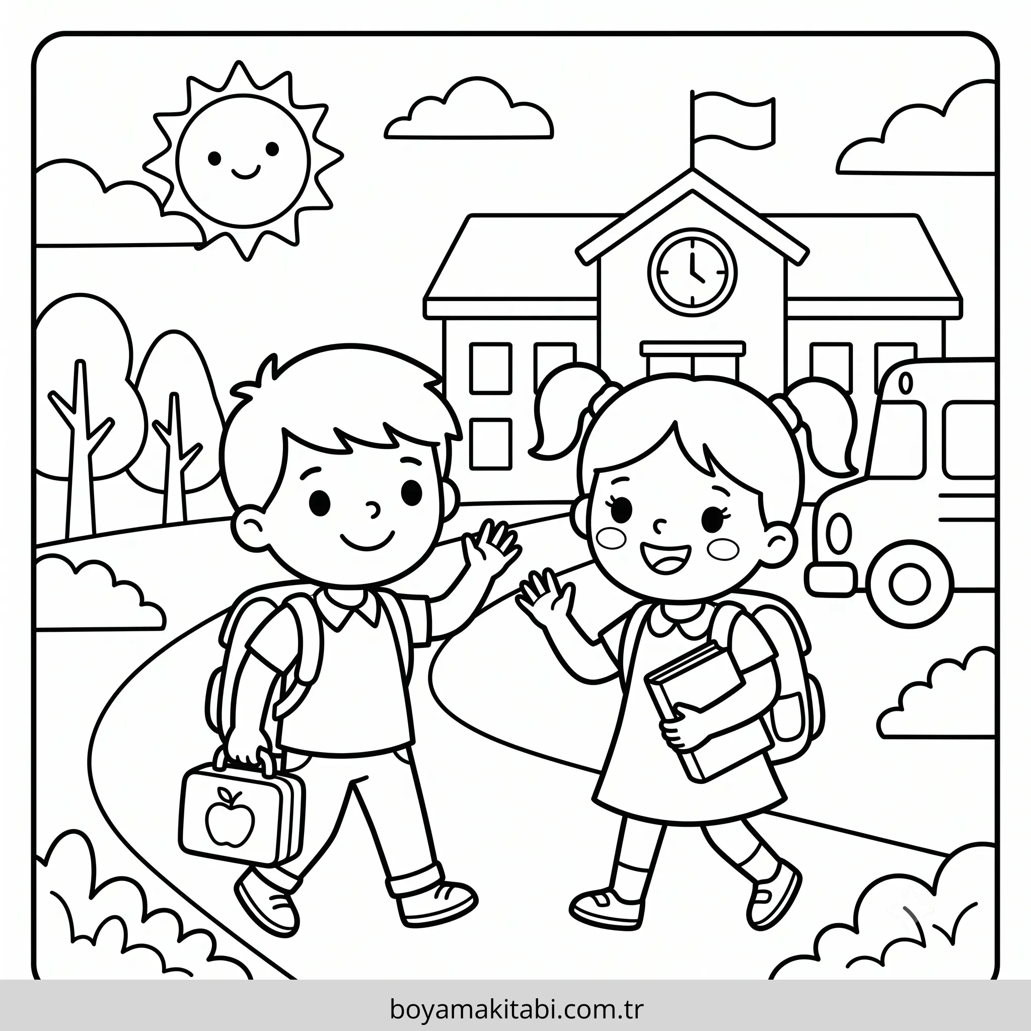 Okulun İlk Günü boyama sayfası #1 – mürekkep tasarrufu sağlar, PDF indir