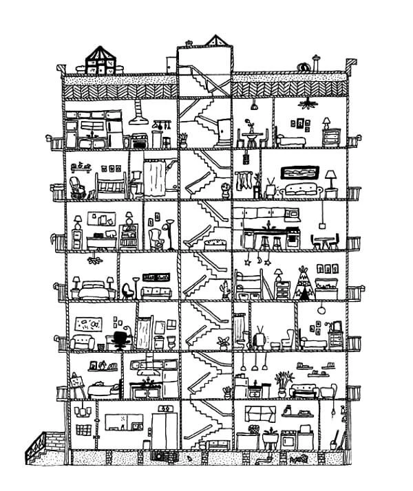 Apartman boyama sayfası – PDF indir, sevimli karakter