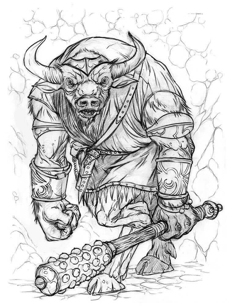 Minotaur boyama sayfası – basit çizim, kolay boyama