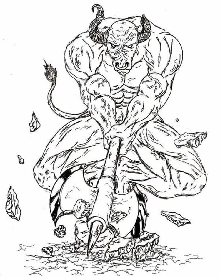 Minotaur boyama sayfası – renkli çizimler, okul öncesi
