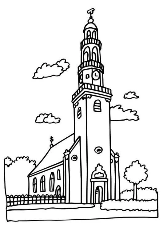 Kilise boyama sayfası – PDF indir, sevimli karakter