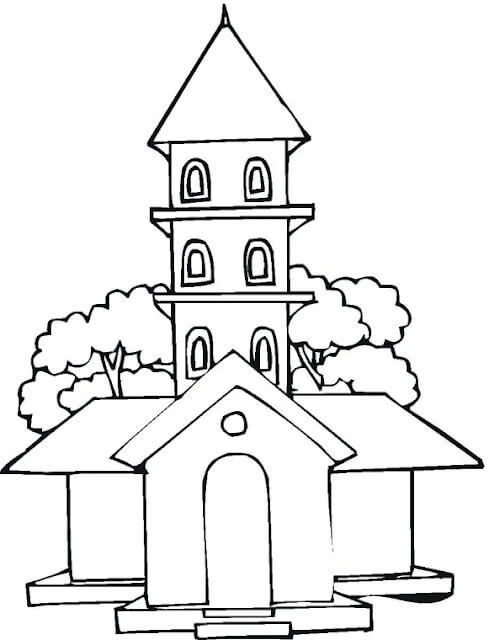 Kilise boyama sayfası – keyifli zaman, renkli çizimler