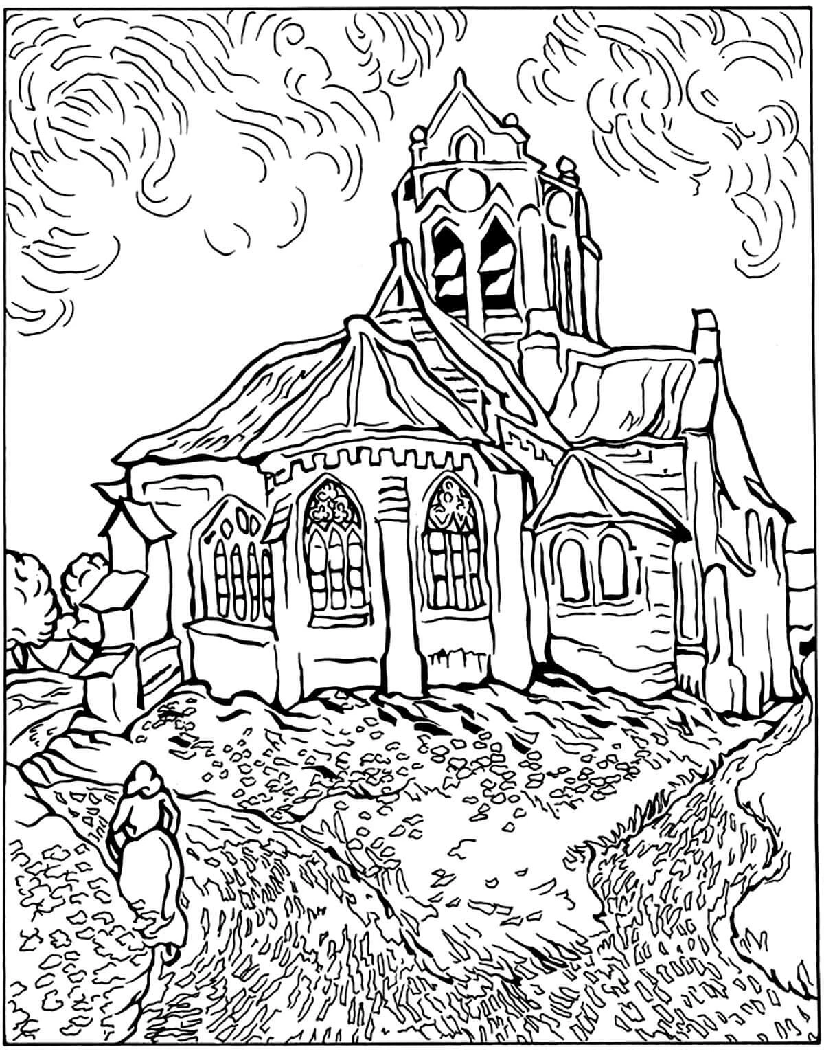 Kilise boyama sayfası – PDF indir, sevimli karakter