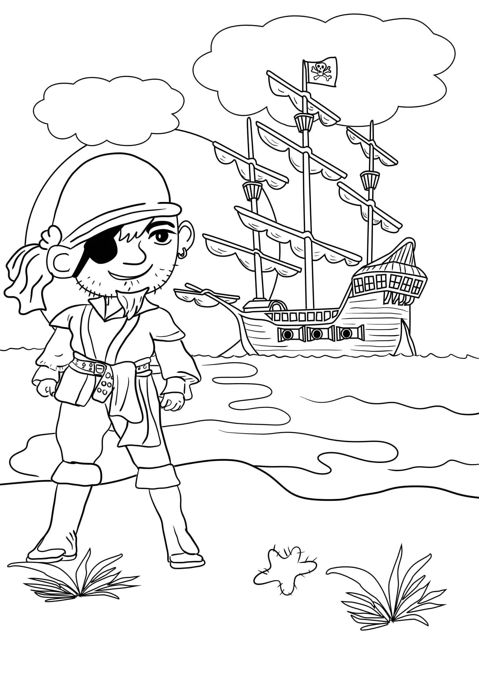 Pirate boyama sayfası – çizgi film temalı, basit çizim