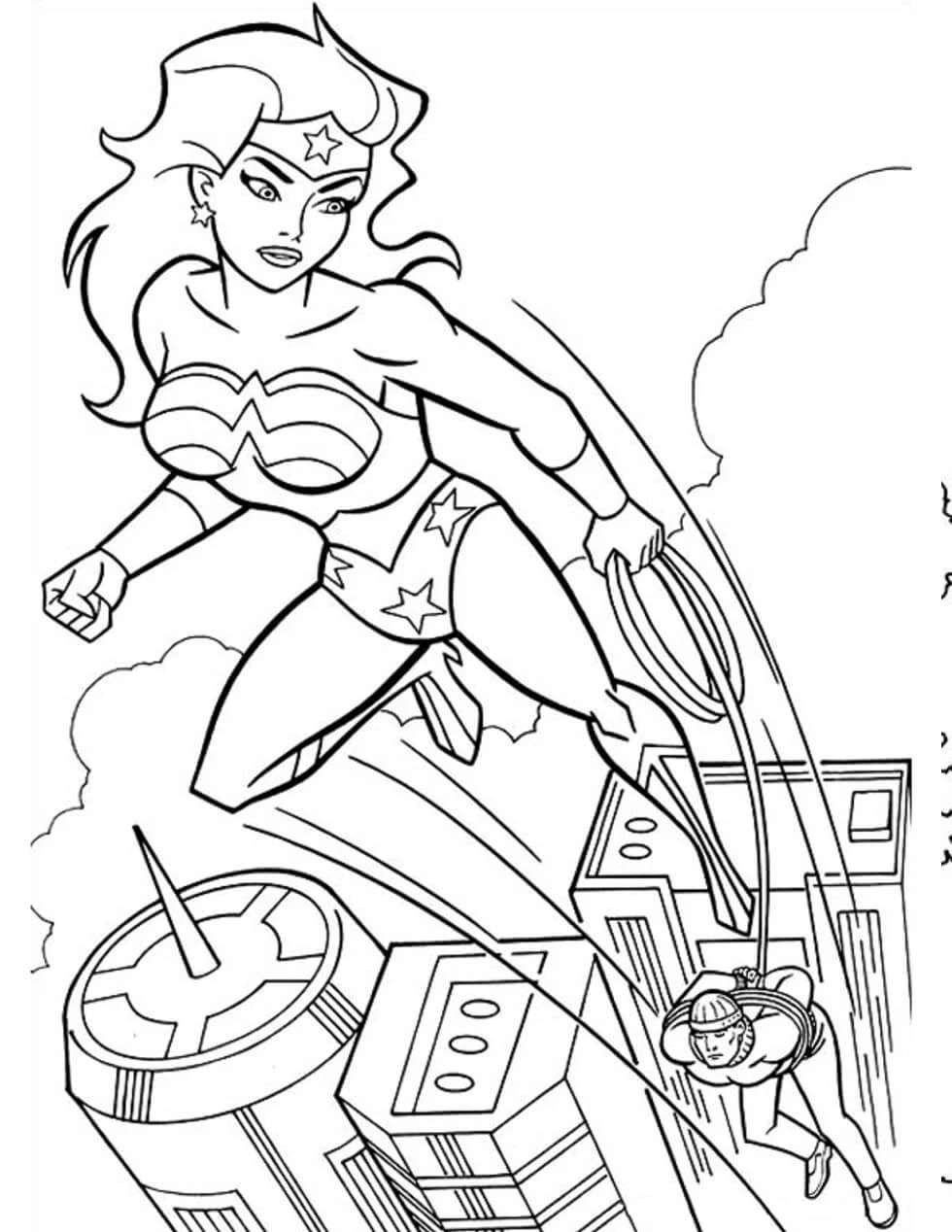 Mucize Kadın (Wonder Woman) boyama sayfası – renkli çizimler, okul öncesi