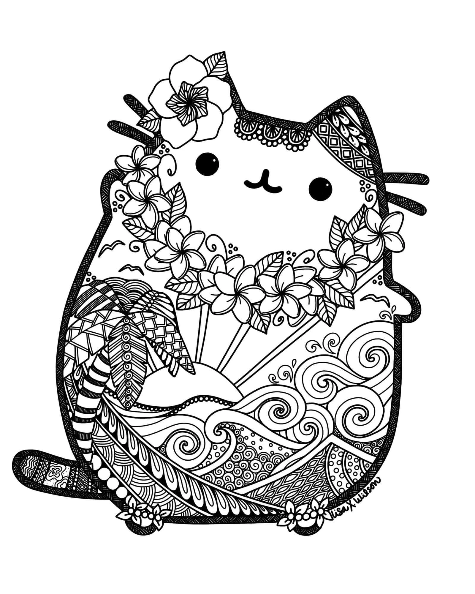 Pusheen boyama sayfası – sevimli karakter, sanatsal çalışma
