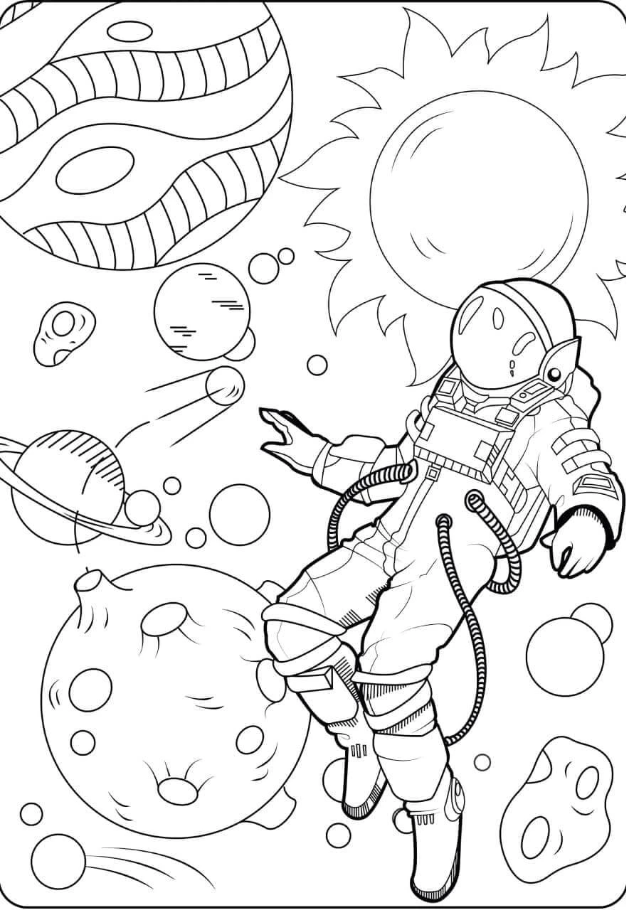 Astronotlar boyama sayfası #14 – PDF indir, sevimli karakter