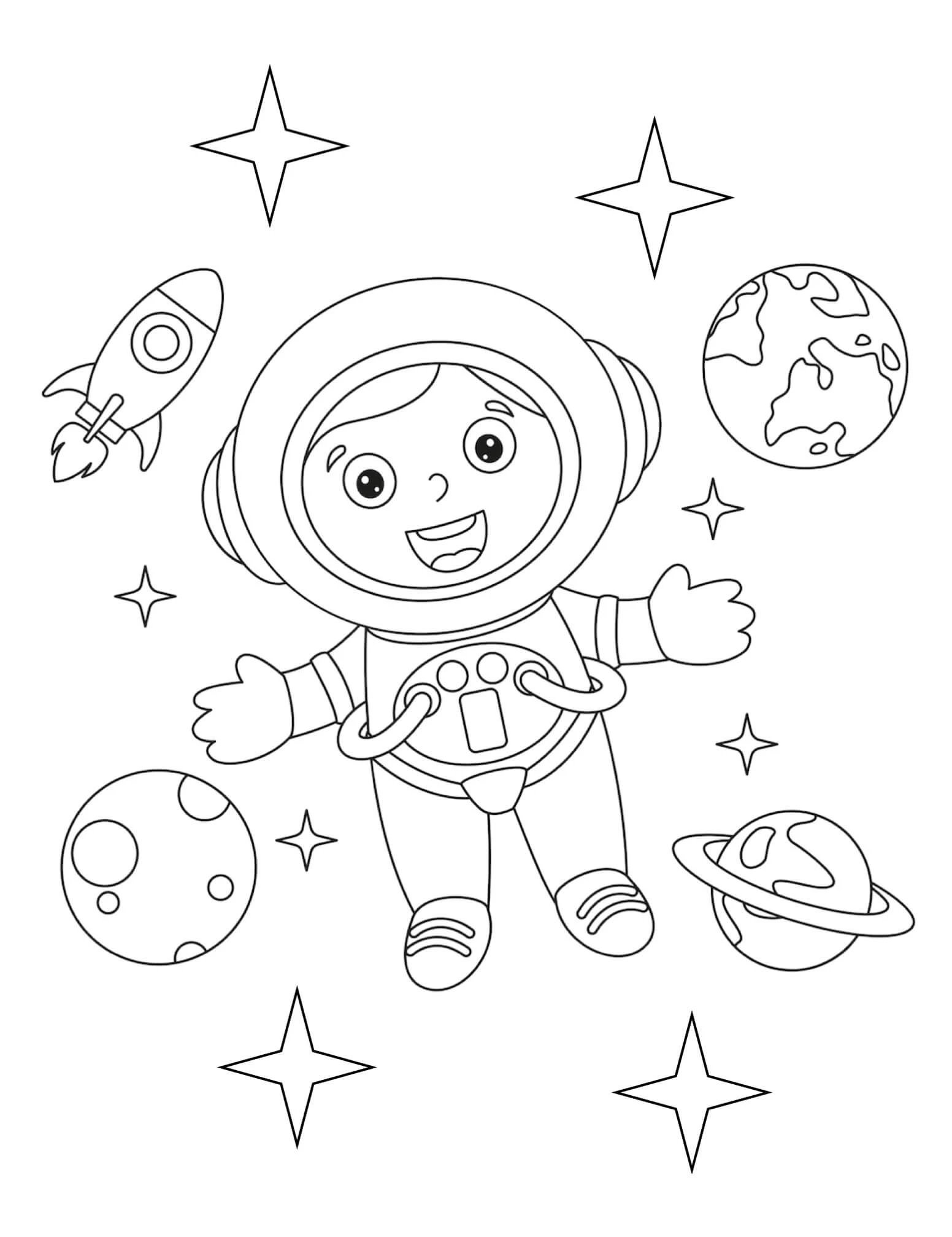 Astronotlar boyama sayfası – çocuk aktivitesi, PDF indir