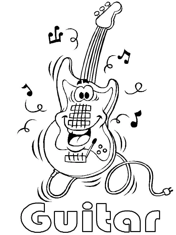Gitar boyama sayfası – çocuklar için, çizgi film temalı