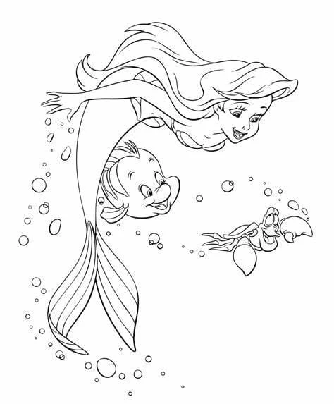 Küçük Deniz Kızı (Little Mermaid) boyama sayfası #25 – el becerilerini geliştirir, boyama çalışması