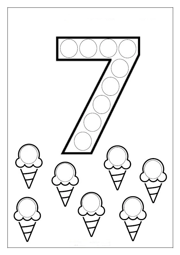 7 Rakamı (Yedi) boyama sayfası – kolay boyama, eğitici aktivite