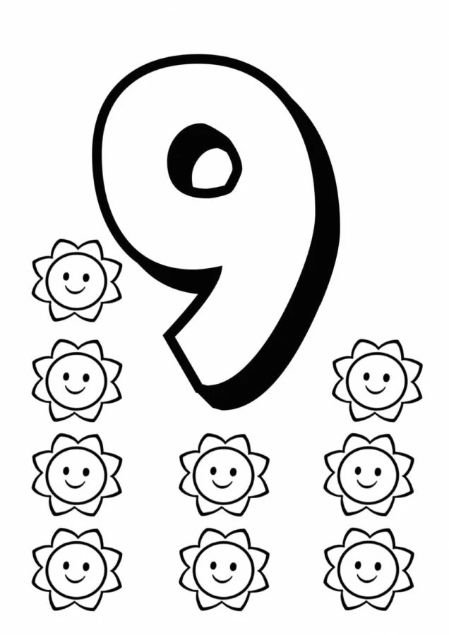 9 Rakamı (Dokuz) boyama sayfası – okul öncesi, evde etkinlik