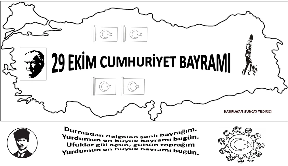 29 Ekim Cumhuriyet Bayramı boyama sayfası – PDF indir, sevimli karakter