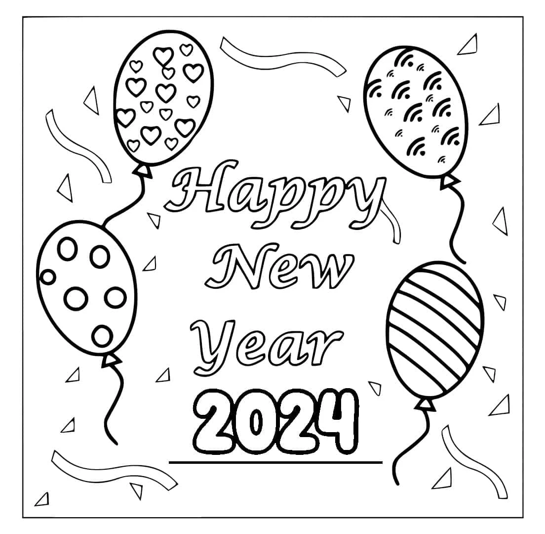 2024 Mutlu Yıllar boyama sayfası – keyifli zaman, renkli çizimler