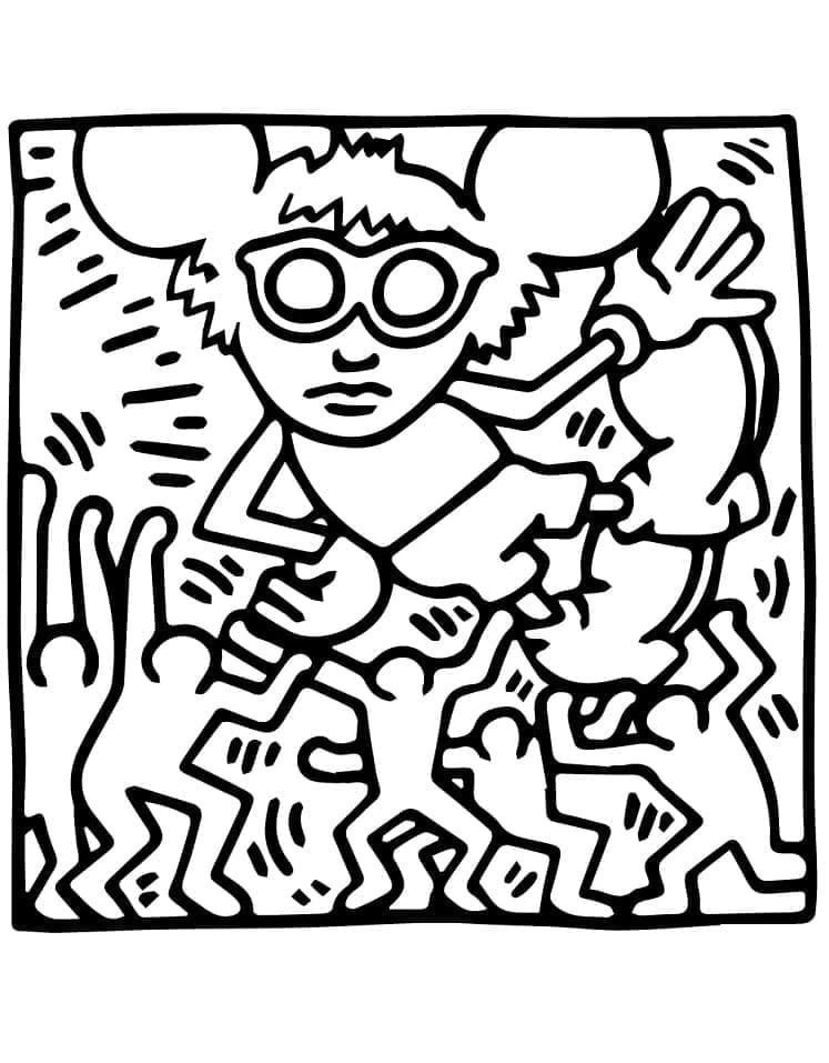 Keith Haring boyama sayfası – çizgi film temalı, basit çizim