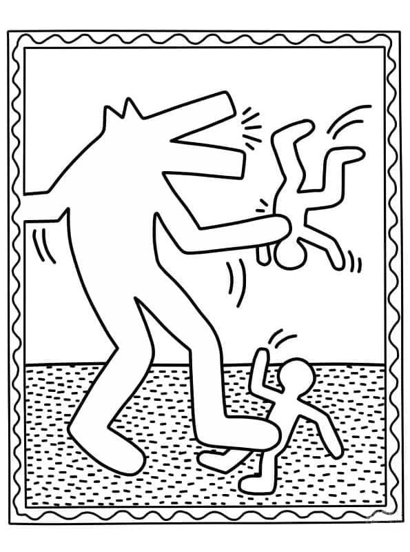 Keith Haring boyama sayfası – çizgi film temalı, basit çizim