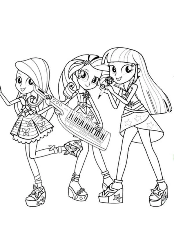 Equestria Girls boyama sayfası – renkli çizimler, okul öncesi