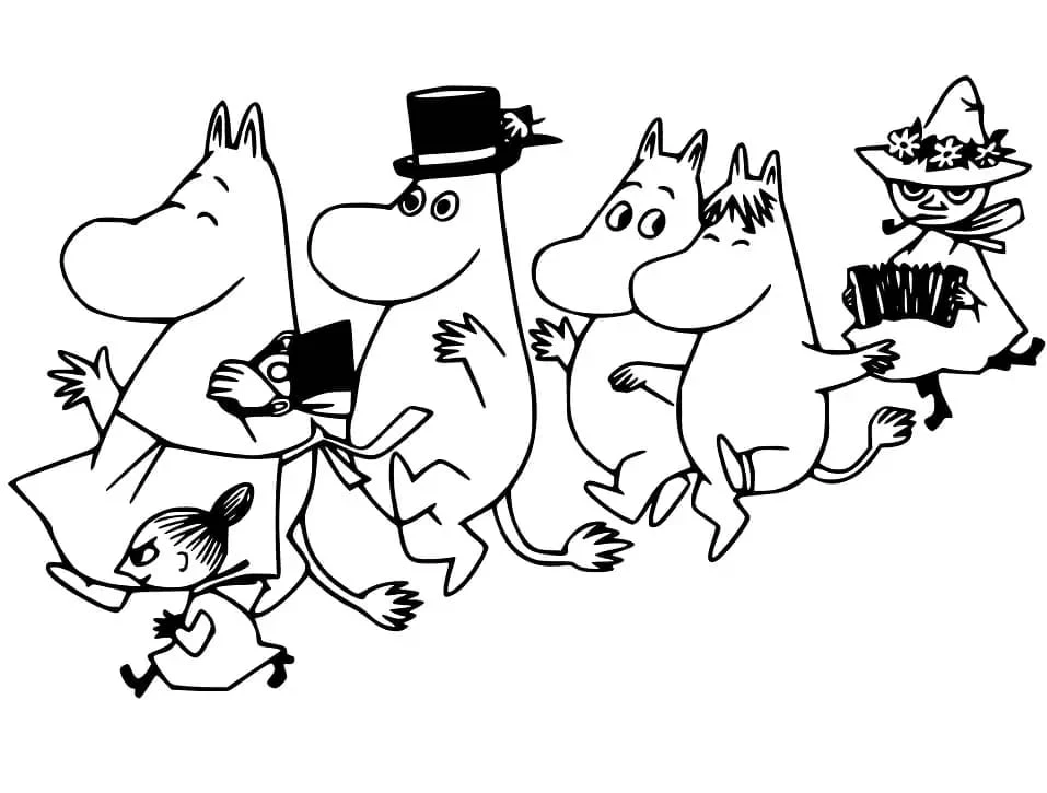 Moomin boyama sayfası – renkli çizimler, okul öncesi