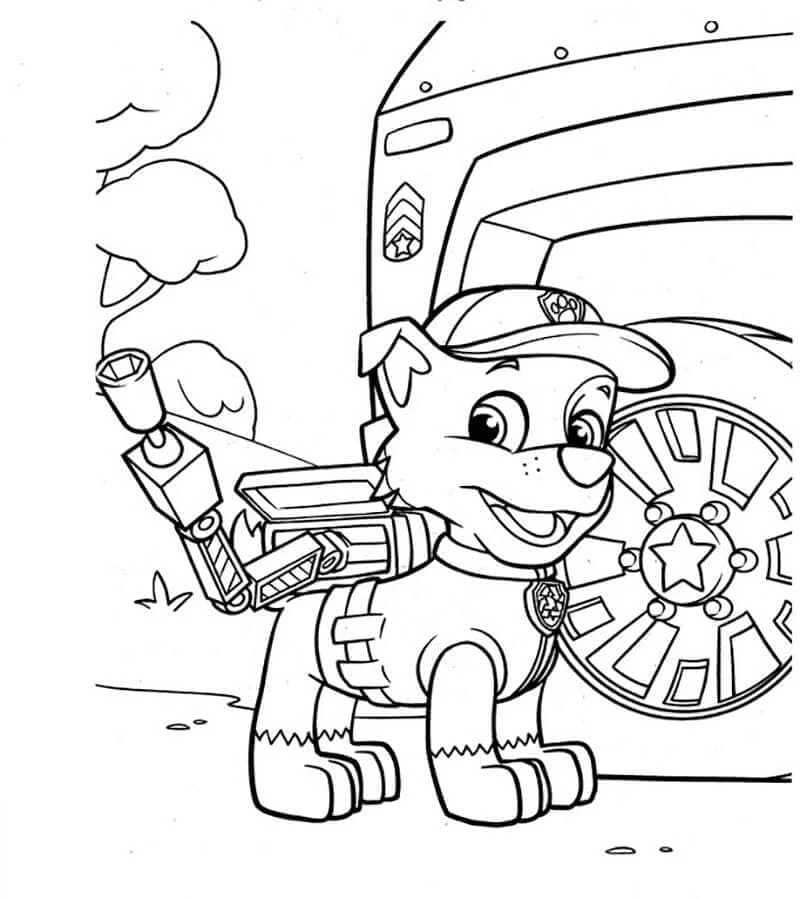 Rocky Paw Patrol boyama sayfası – basit çizim, kolay boyama