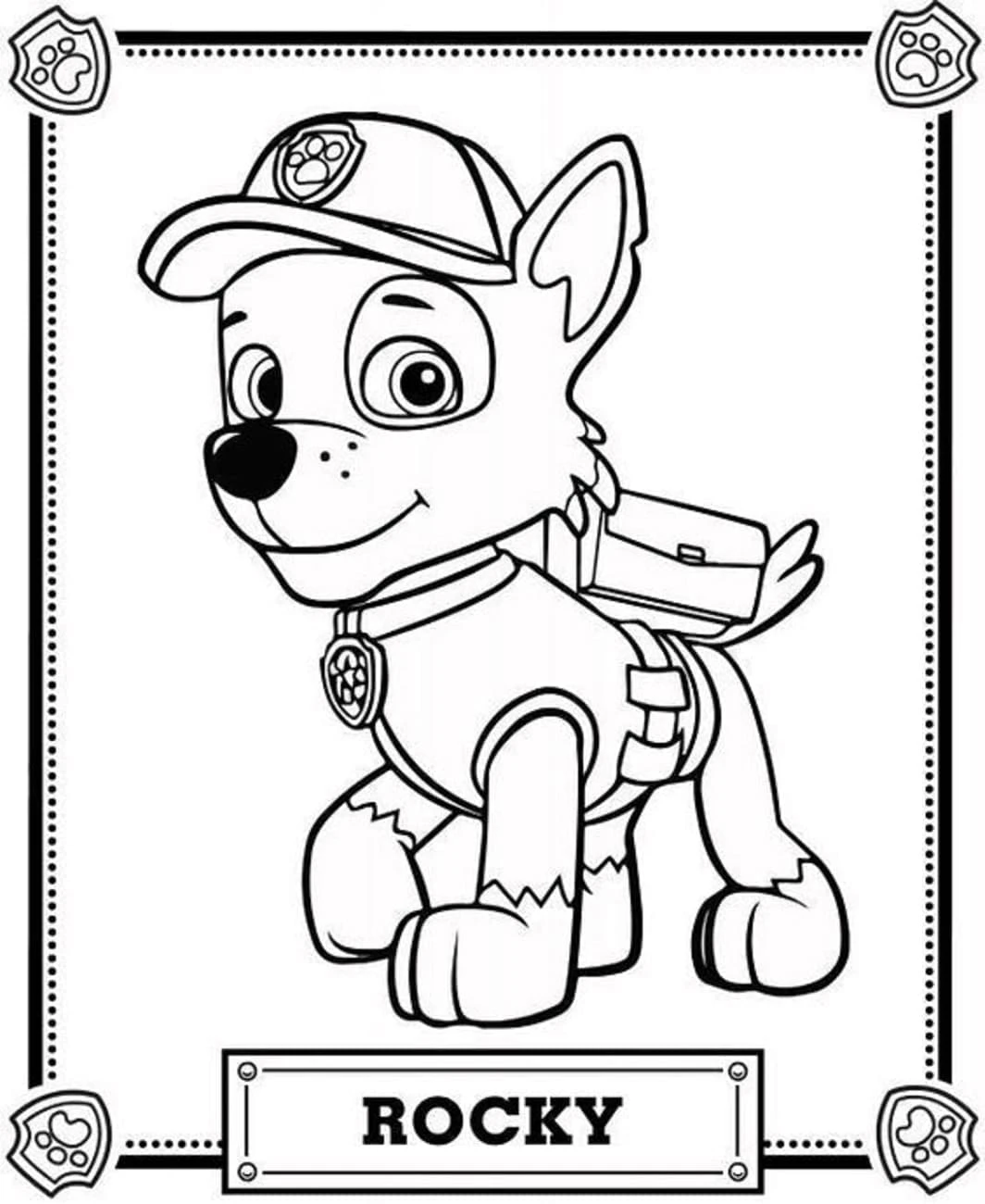 Rocky Paw Patrol boyama sayfası – sevimli karakter, sanatsal çalışma