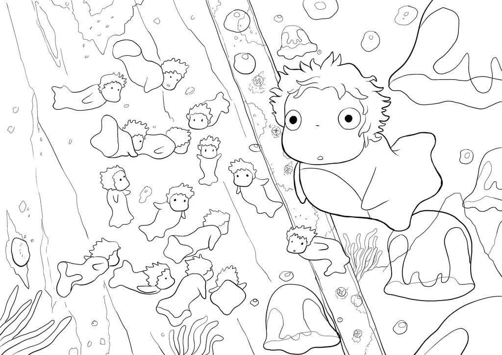 Ponyo boyama sayfası – basit çizim, kolay boyama