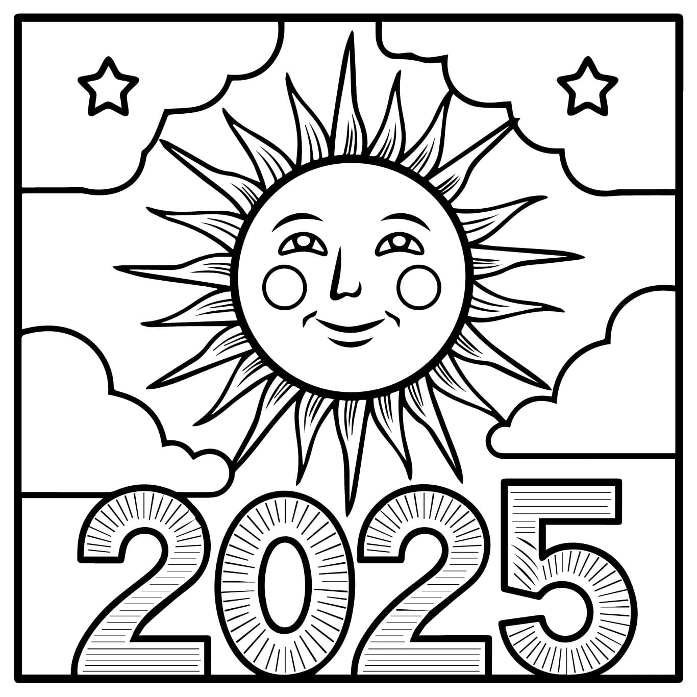 Mutlu Yıllar 2025 boyama sayfası – keyifli zaman, renkli çizimler