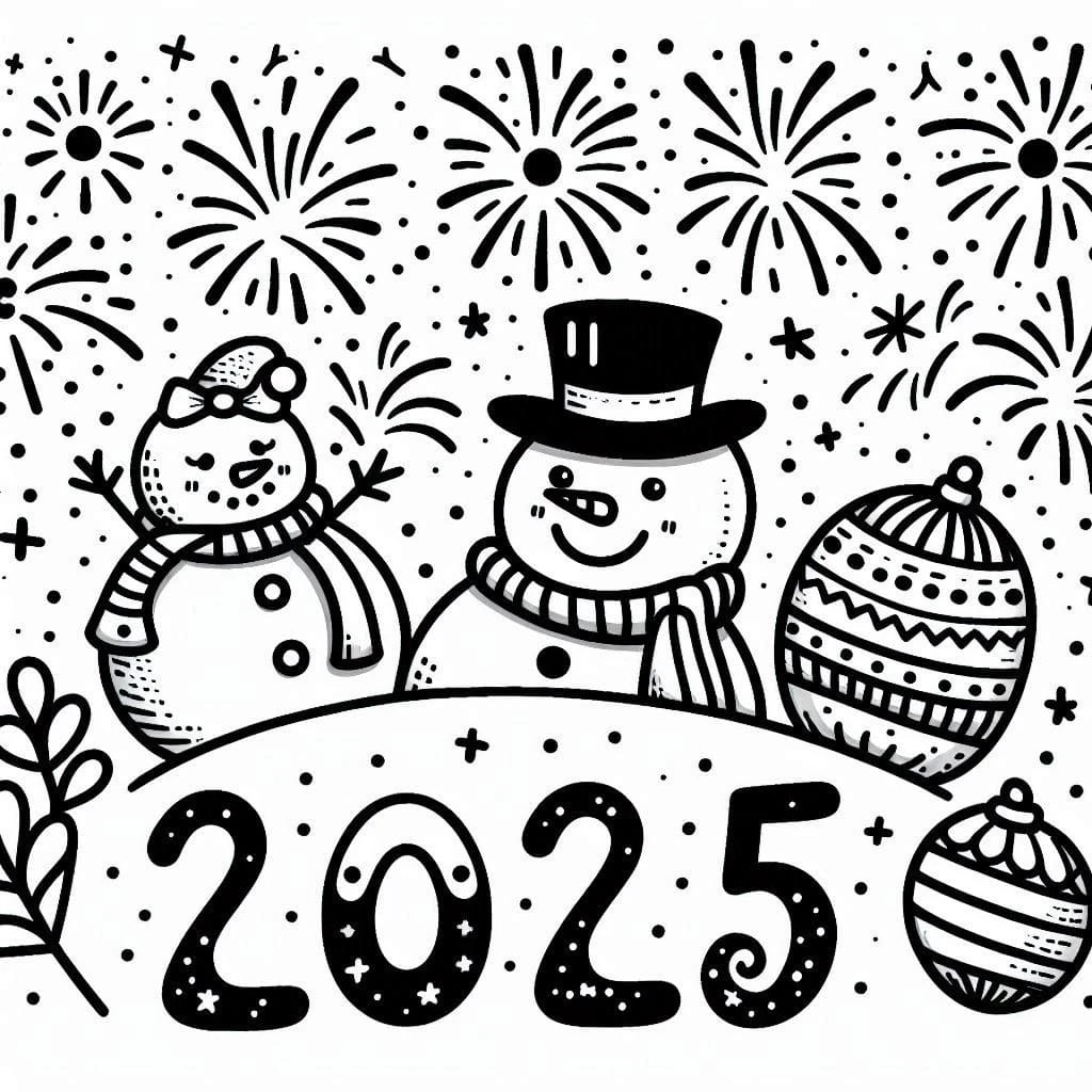 Mutlu Yıllar 2025 boyama sayfası #28 – mürekkep tasarrufu sağlar, PDF indir