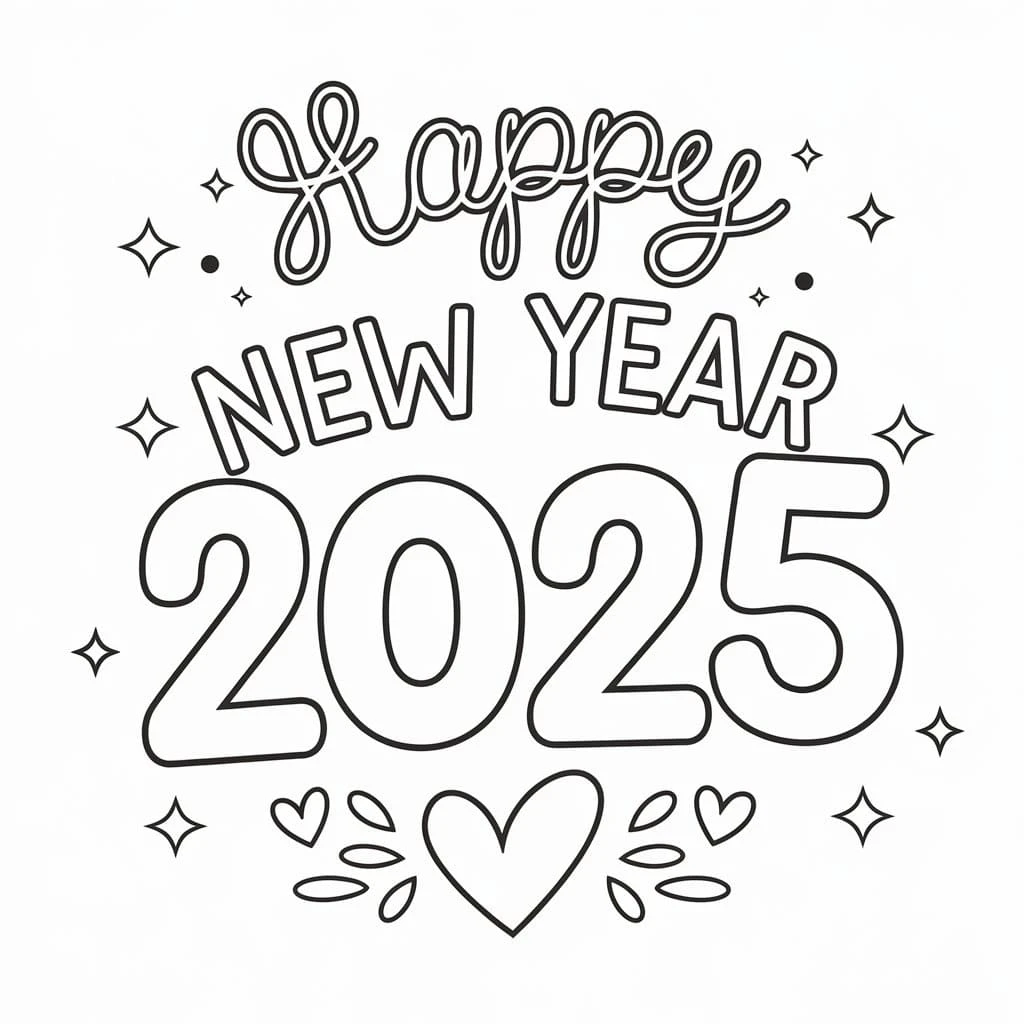 Mutlu Yıllar 2025 boyama sayfası #29 – tamamen ücretsiz, çocuklar için