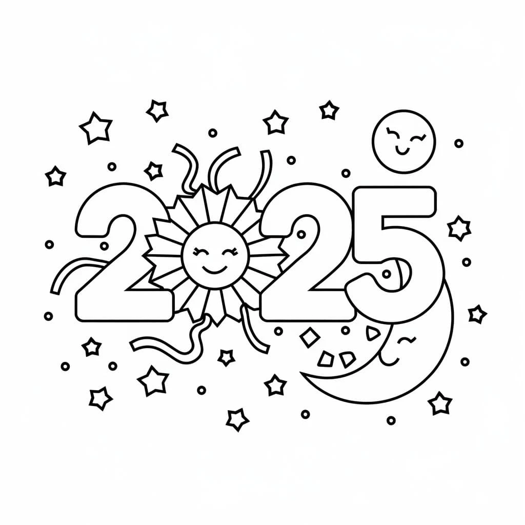 Mutlu Yıllar 2025 boyama sayfası #30 – günlük etkinlik önerisi, kolay boyama