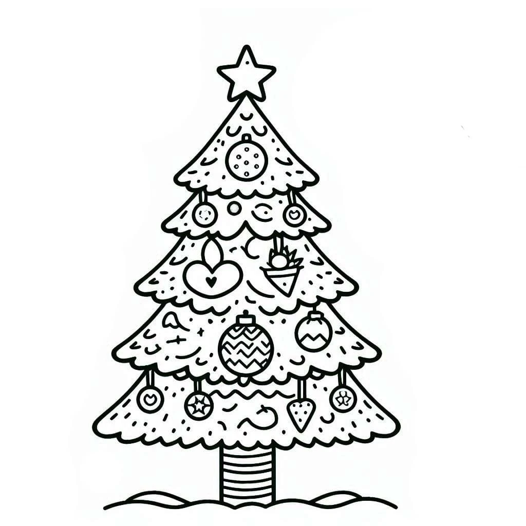 Yılbaşı Ağacı (Noel ağacı) boyama sayfası #4 – sevimli karakter, sanatsal çalışma