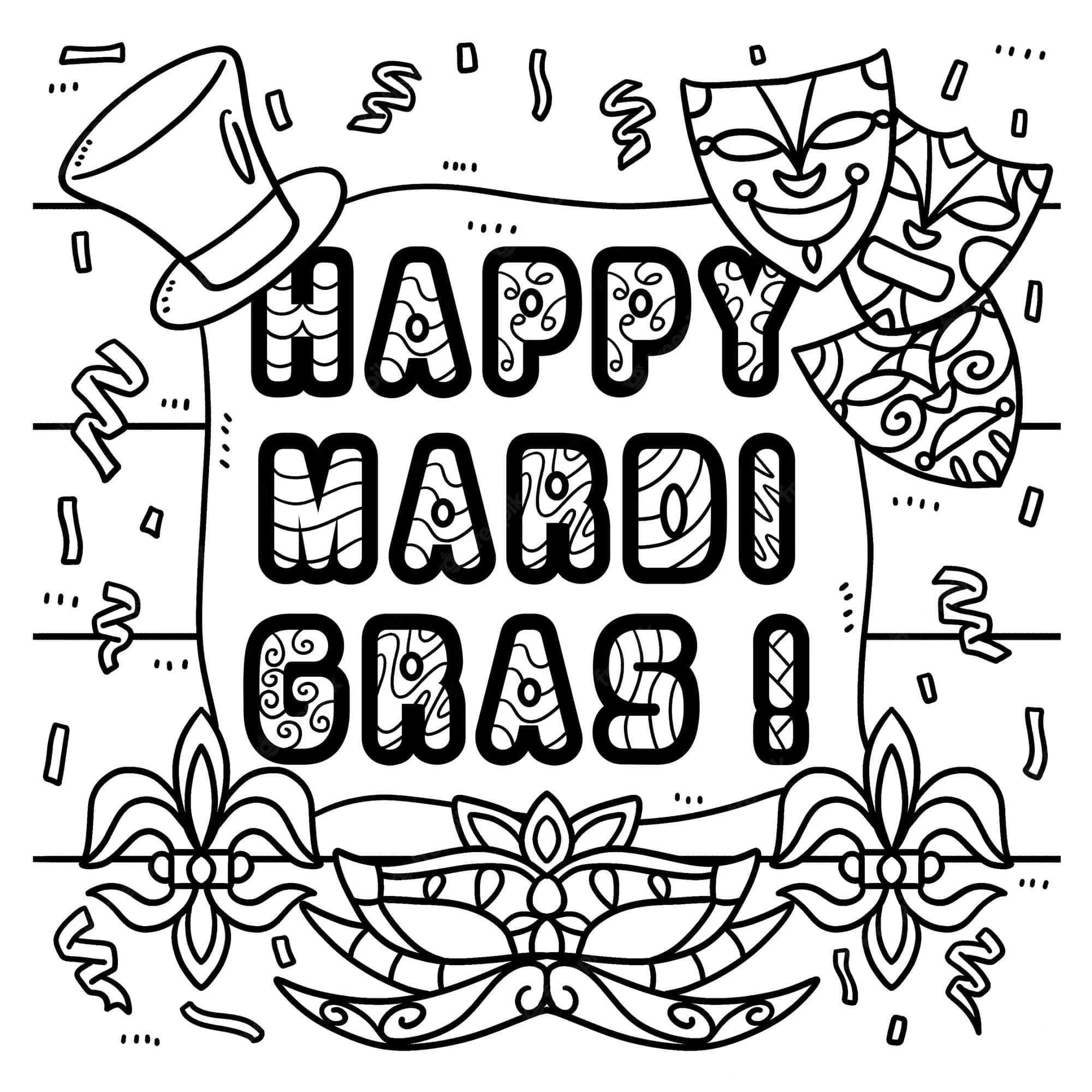 Mardi Gras boyama sayfası – çocuk aktivitesi, PDF indir