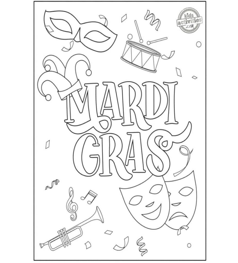 Mardi Gras boyama sayfası – renkli çizimler, okul öncesi