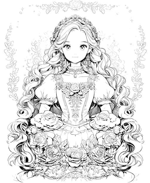 Anime Prenses boyama sayfası – okul öncesi, evde etkinlik