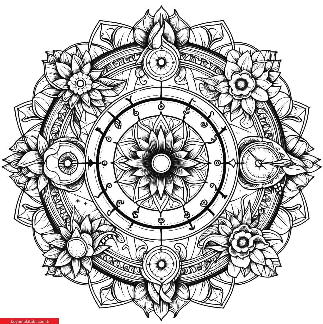 Kalachakra Mandalaları boyama sayfası – sevimli karakter, sanatsal çalışma