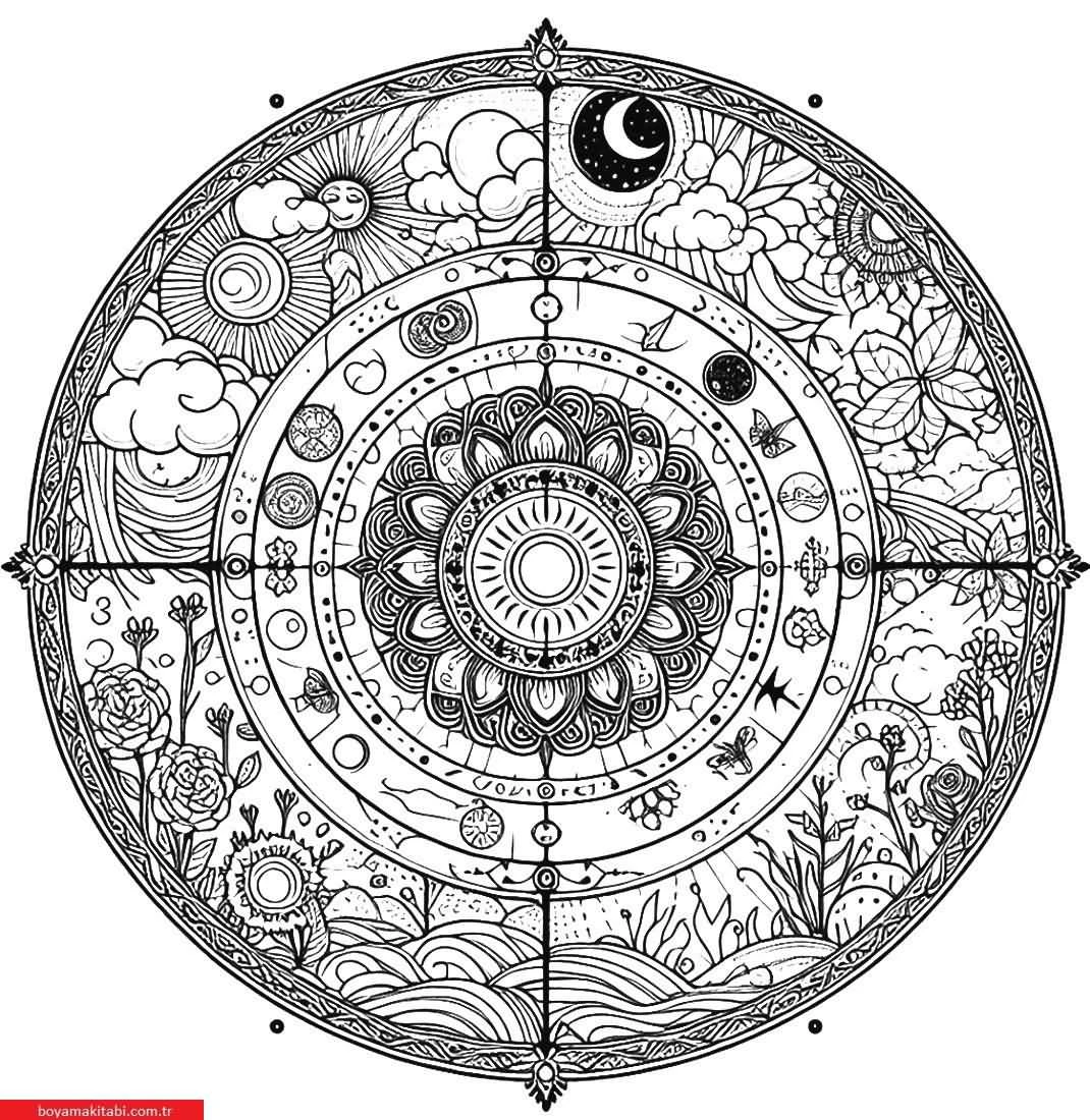 Kalachakra Mandalaları boyama sayfası – eğitici aktivite, yaratıcılık