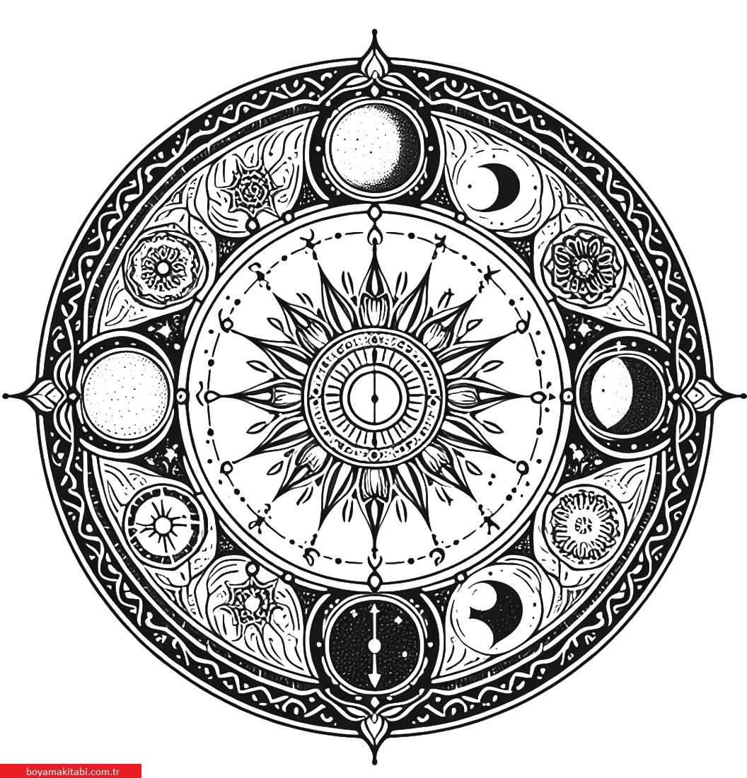 Kalachakra Mandalaları boyama sayfası – keyifli zaman, renkli çizimler