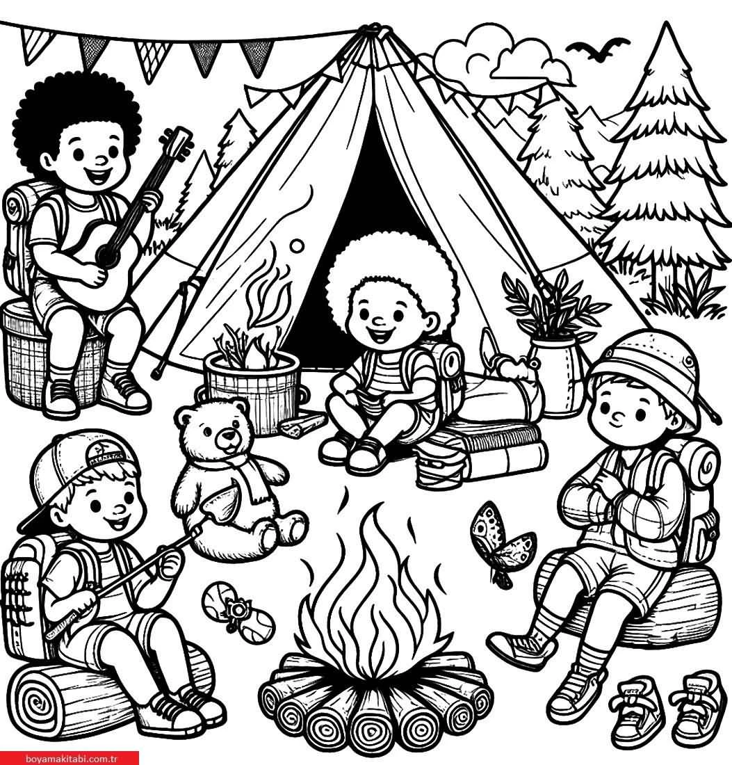 Kamp boyama sayfası – kolay boyama, eğitici aktivite