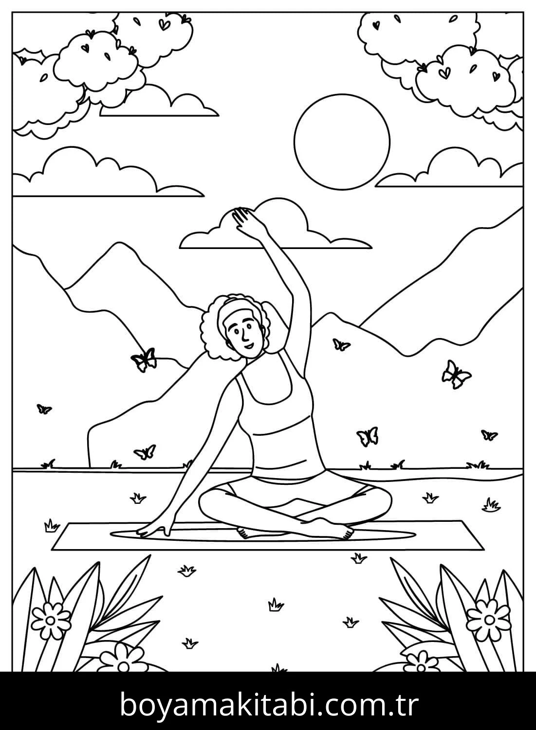Yoga boyama sayfası – PDF indir, sevimli karakter